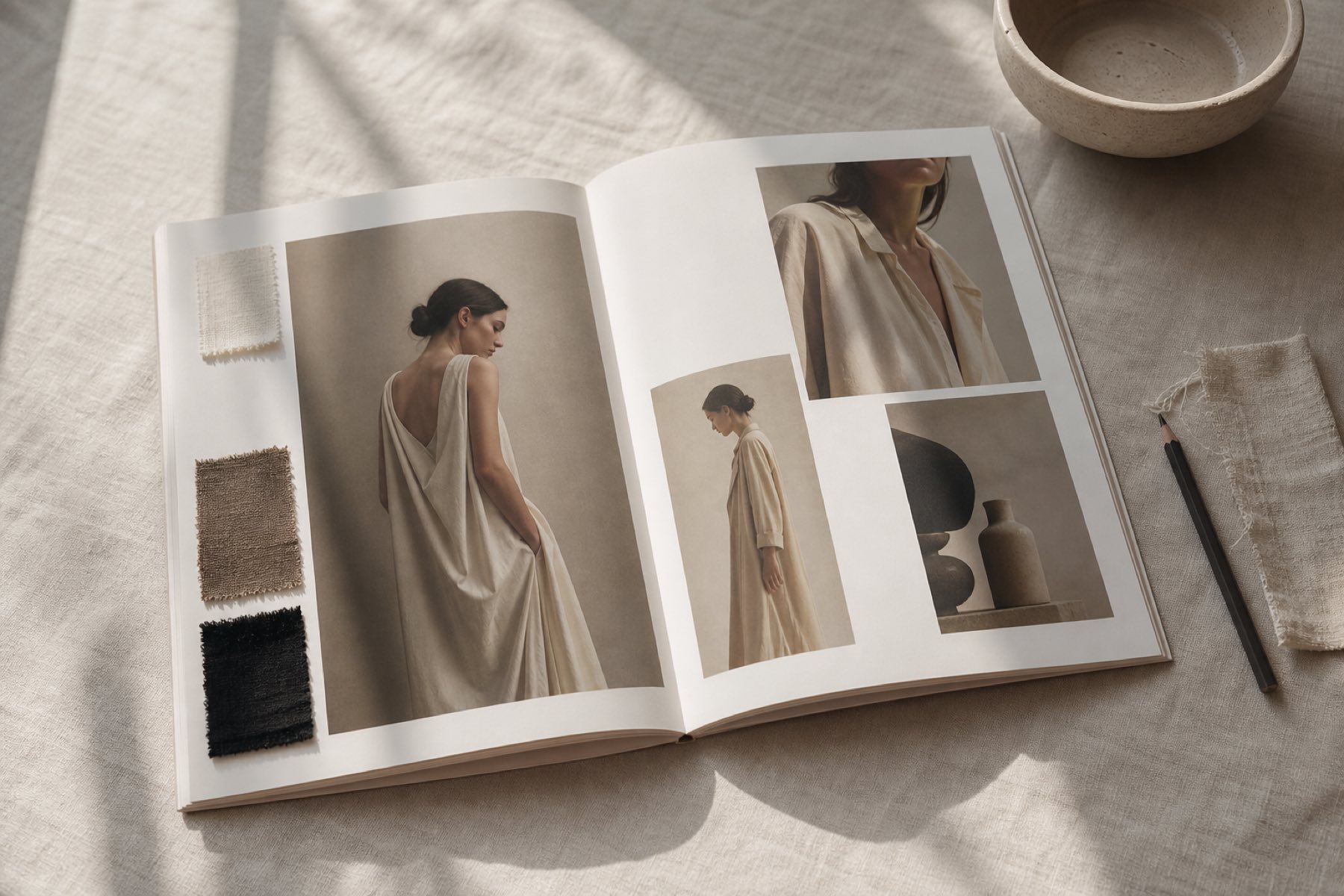 Printed brand lookbook on a linen table