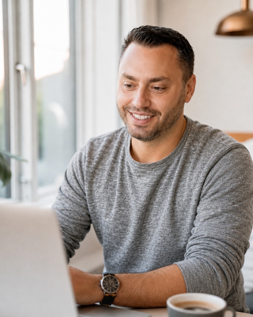 Jay El-Kaake, Osello founder, working at a laptop in a bright workspace